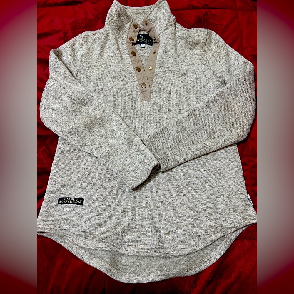 Simply Southern Womens Sweater S Tan Pullover 1/4 Snap Neck Sweatshirt